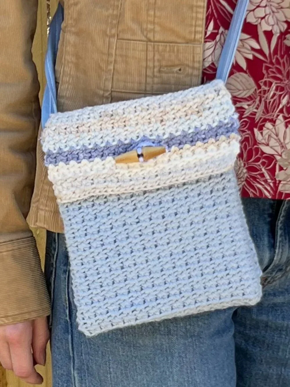 Upcycled Crochet Crossbody Purse Handmade with Repurposed Lining & Button